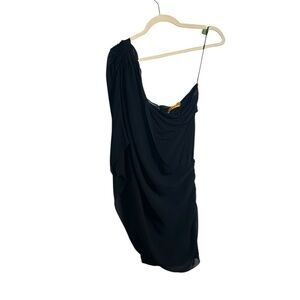 Alice + Olivia Black Chiffon Drape One Shoulder Mini Dress Size 6